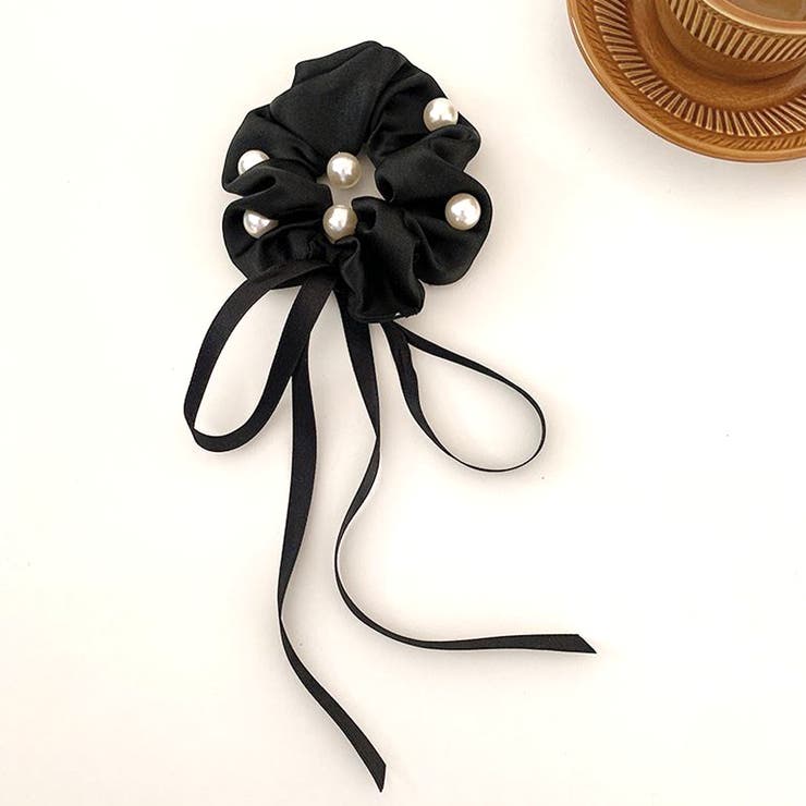 ブラック | ヘアゴム リボンシュシュ パール高級感 | shoppinggo