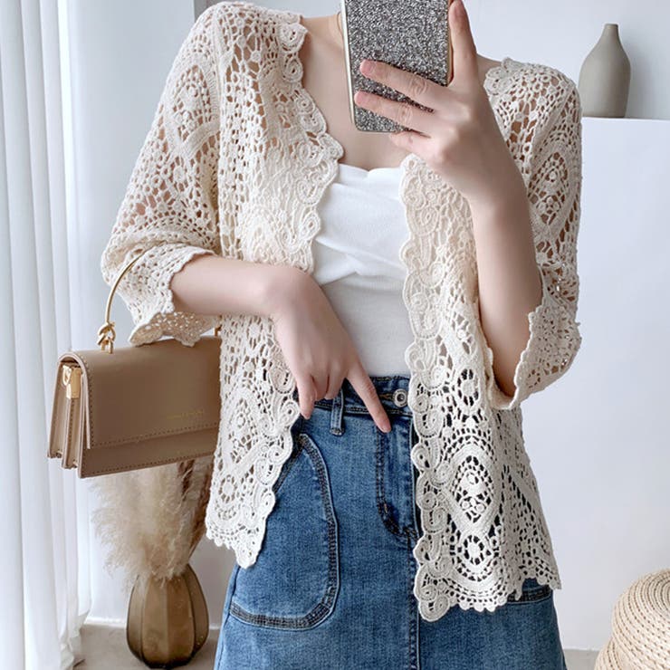 ベージュ | サマーカーディガン 花柄刺繡 透かし編み | shoppinggo