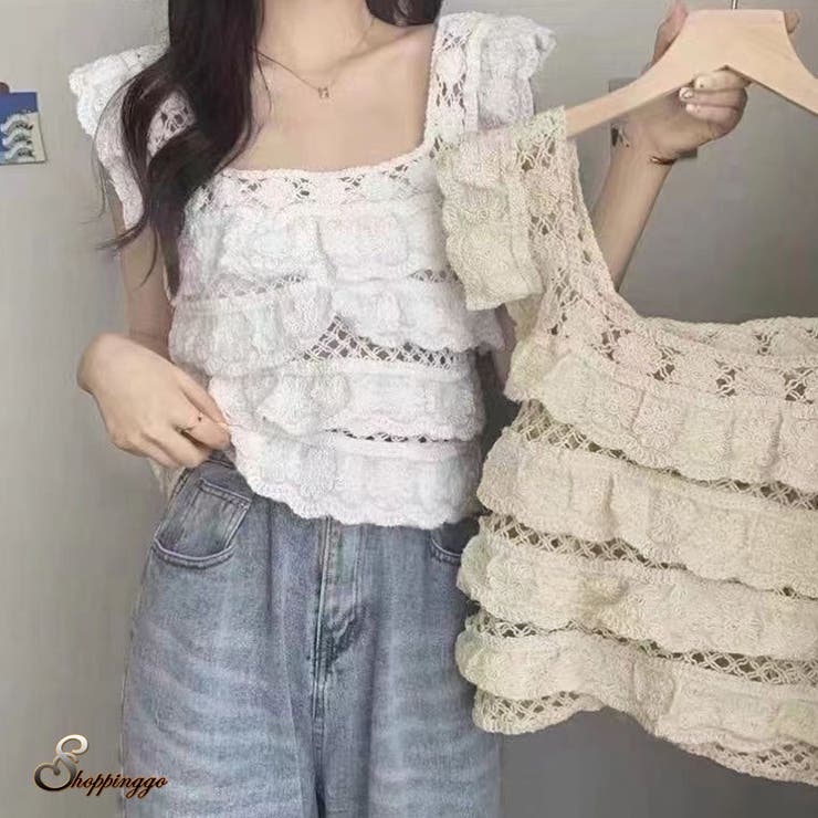 透かし編みメッシュニット スクエアネック サマーニット | shoppinggo | 詳細画像1 