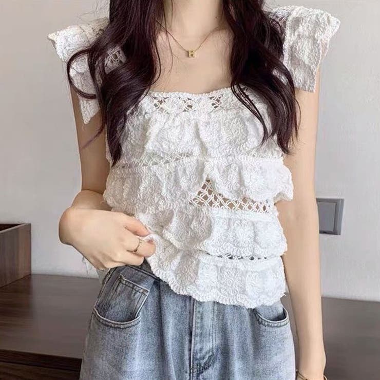 ホワイト | 透かし編みメッシュニット スクエアネック サマーニット | shoppinggo