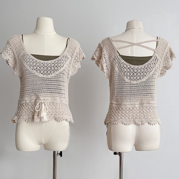 透かし編みメッシュニット フレンチ袖 ノースリーブトップス | shoppinggo | 詳細画像4 