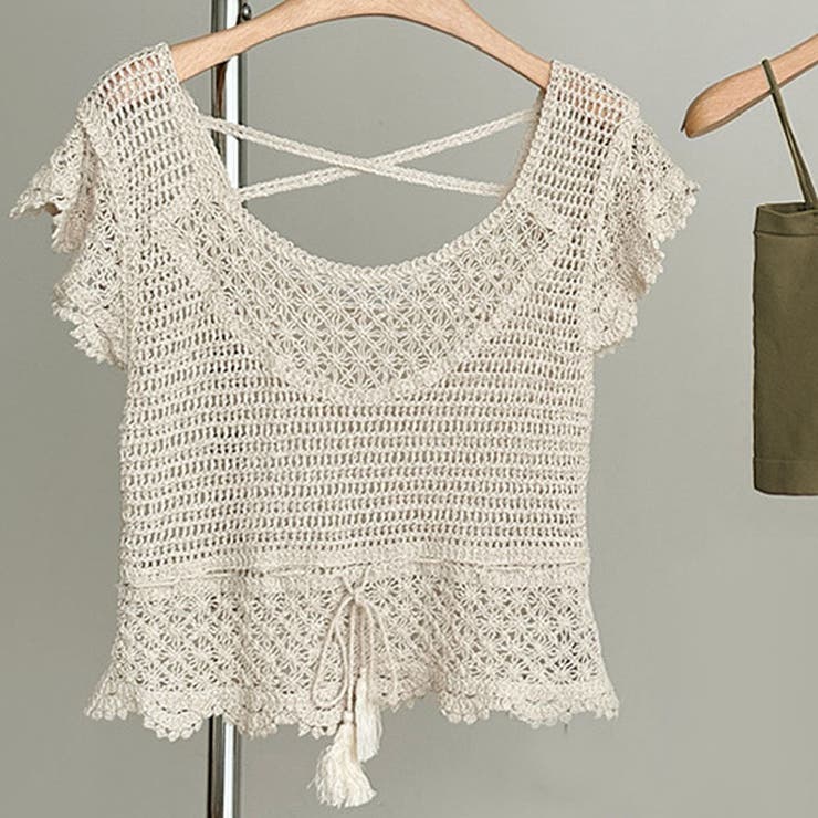 透かし編みメッシュニット フレンチ袖 ノースリーブトップス | shoppinggo | 詳細画像7 