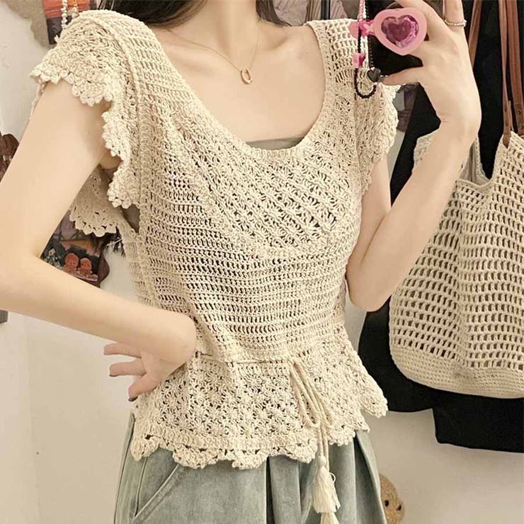 透かし編みメッシュニット フレンチ袖 ノースリーブトップス | shoppinggo | 詳細画像9 