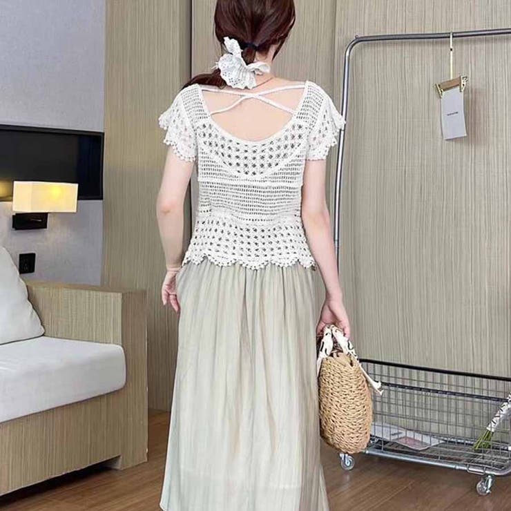 透かし編みメッシュニット フレンチ袖 ノースリーブトップス | shoppinggo | 詳細画像17 