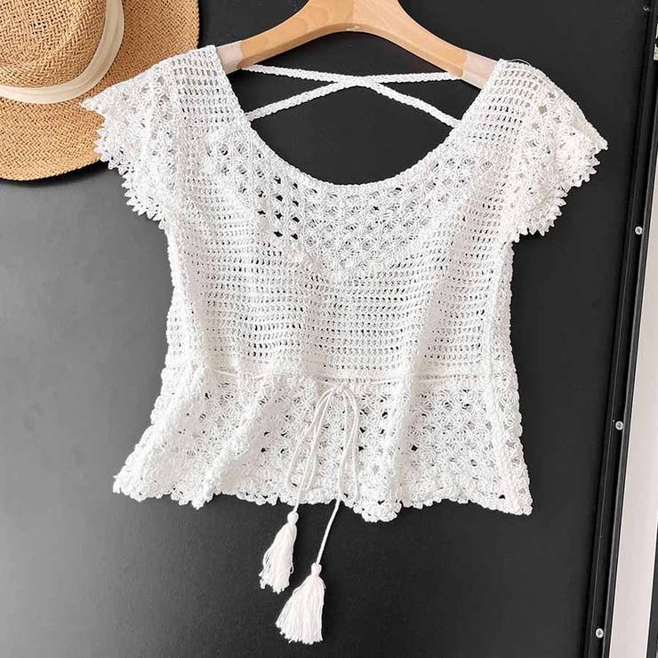 透かし編みメッシュニット フレンチ袖 ノースリーブトップス | shoppinggo | 詳細画像18 