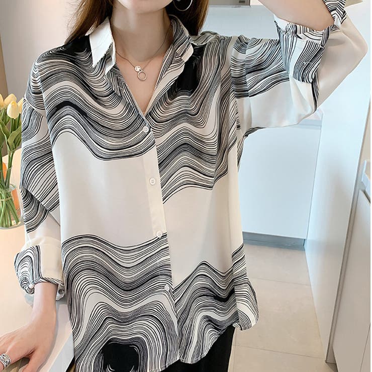 幾何学柄長袖シャツ 渦巻き 波柄プリントシャツブラウス | shoppinggo | 詳細画像4 