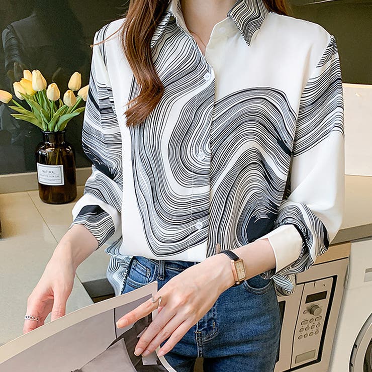 幾何学柄長袖シャツ 渦巻き 波柄プリントシャツブラウス | shoppinggo | 詳細画像8 