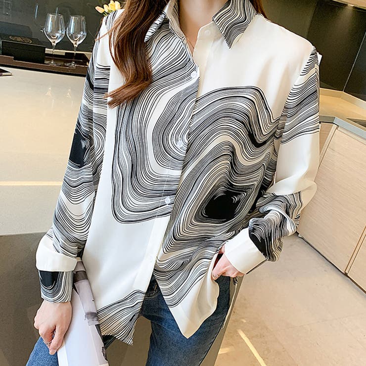 幾何学柄長袖シャツ 渦巻き 波柄プリントシャツブラウス | shoppinggo | 詳細画像9 