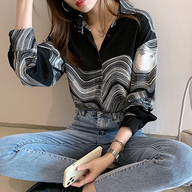 幾何学柄長袖シャツ 渦巻き 波柄プリントシャツブラウス | shoppinggo | 詳細画像11 