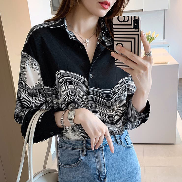 ブラック | 幾何学柄長袖シャツ 渦巻き 波柄プリントシャツブラウス | shoppinggo