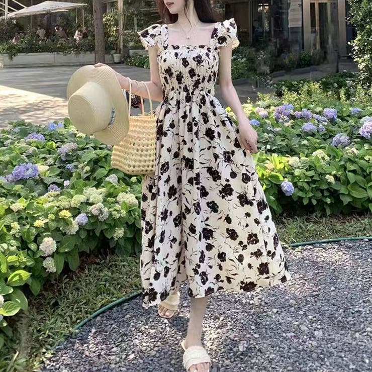 ベージュ | ワンピース 花柄 スクエアネック | shoppinggo