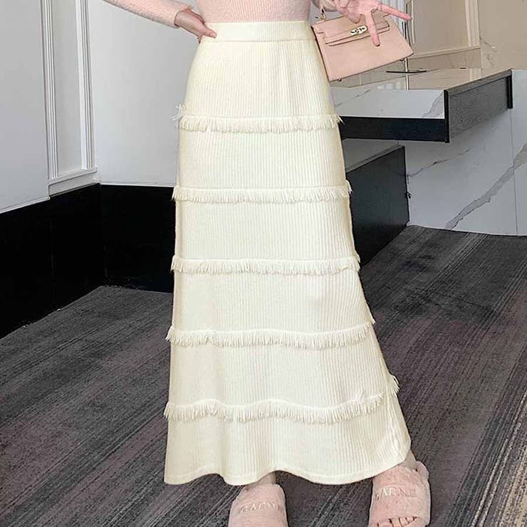 ベージュ | フリンジニットスカート レディース ロングスカート | shoppinggo