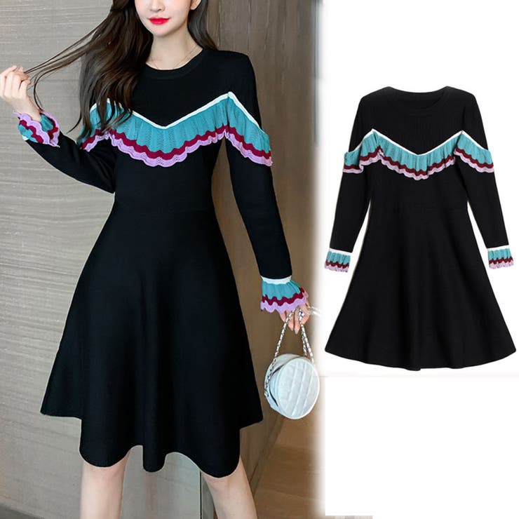 ブラック | ニットワンピース レディース ラウンドネック | shoppinggo