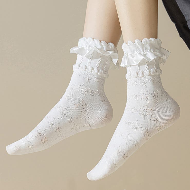 ホワイト | 靴下 花柄 フリル付き | shoppinggo