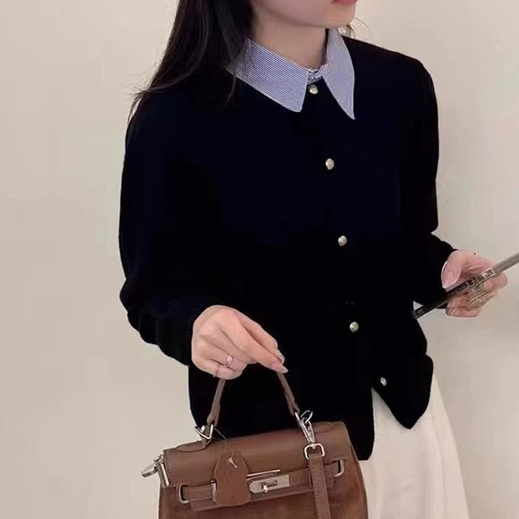 ブラック | シャツレイヤード 長袖ニットセーター 襟付き | shoppinggo