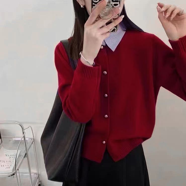 ワインレッド | シャツレイヤード 長袖ニットセーター 襟付き | shoppinggo