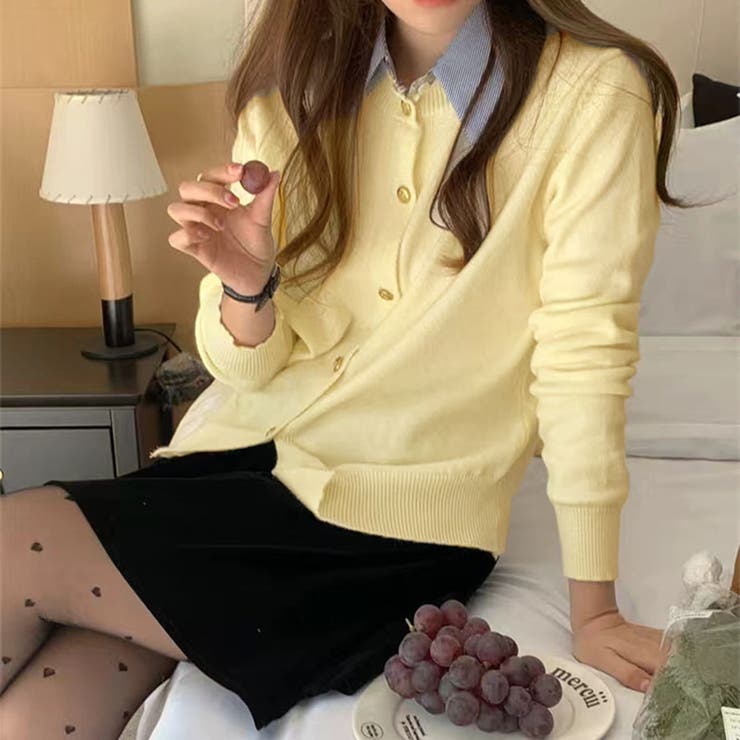 イエロー | シャツレイヤード 長袖ニットセーター 襟付き | shoppinggo