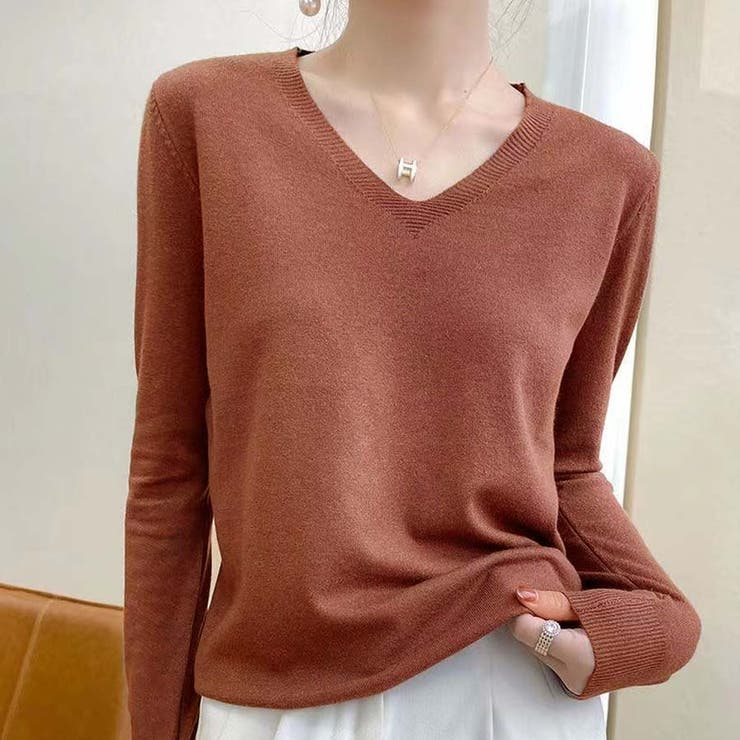 ブラウン | Ｖネックニットソー ニットセーター カジュアルトップス秋冬新作 | shoppinggo