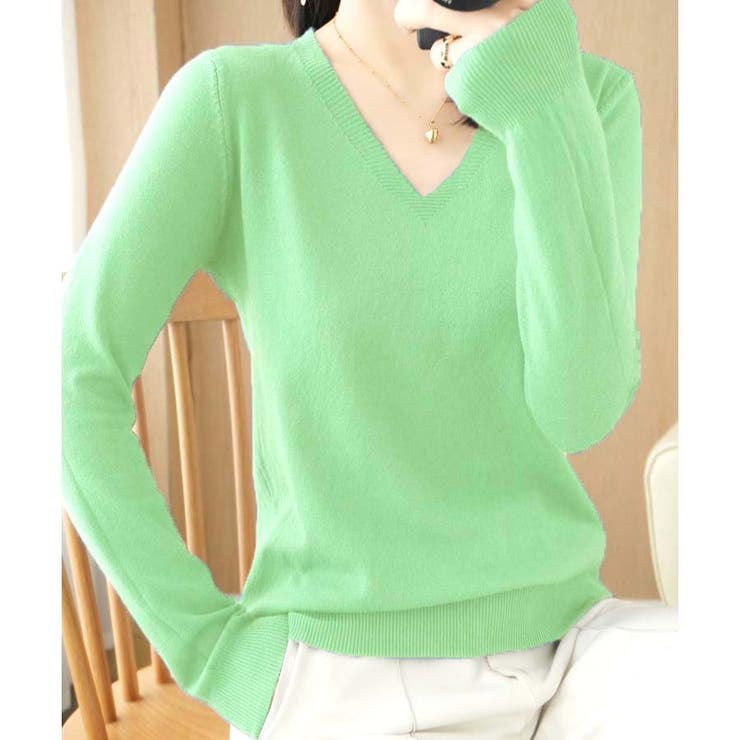 グリーン | Ｖネックニットソー ニットセーター カジュアルトップス秋冬新作 | shoppinggo