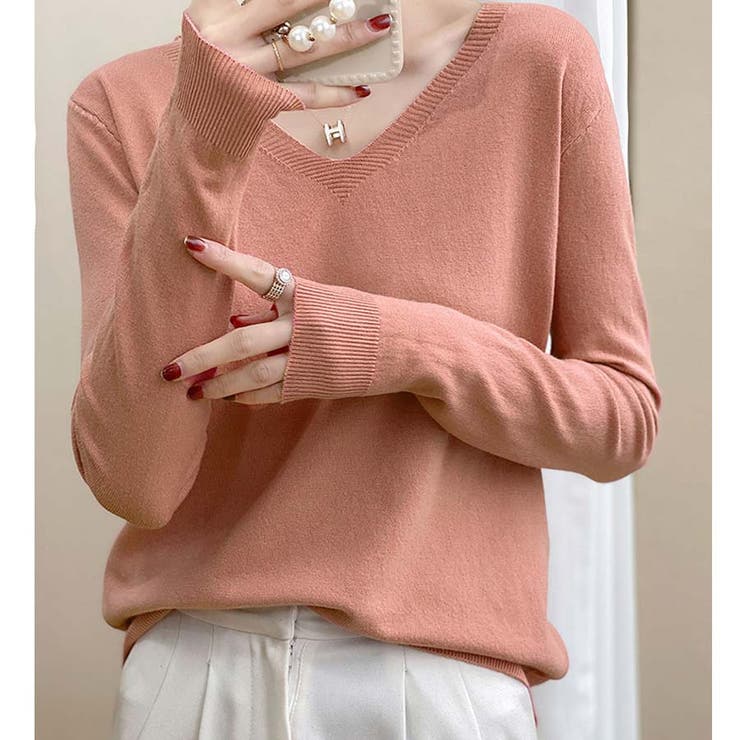 ピンク | Ｖネックニットソー ニットセーター カジュアルトップス秋冬新作 | shoppinggo