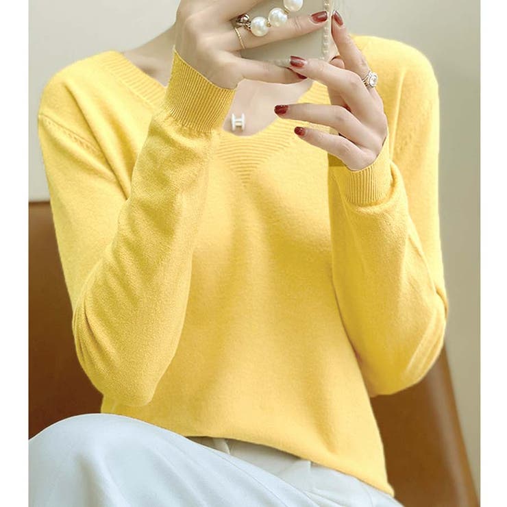 イエロー | Ｖネックニットソー ニットセーター カジュアルトップス秋冬新作 | shoppinggo