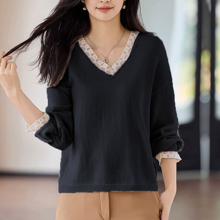 ブラック | ニットトップス レース切り替え レディース | shoppinggo
