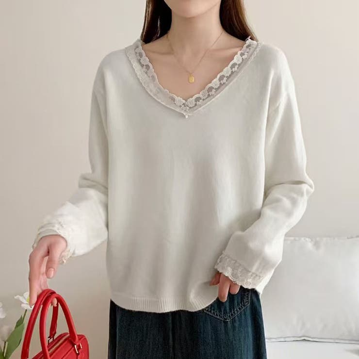ホワイト | ニットトップス レース切り替え レディース | shoppinggo