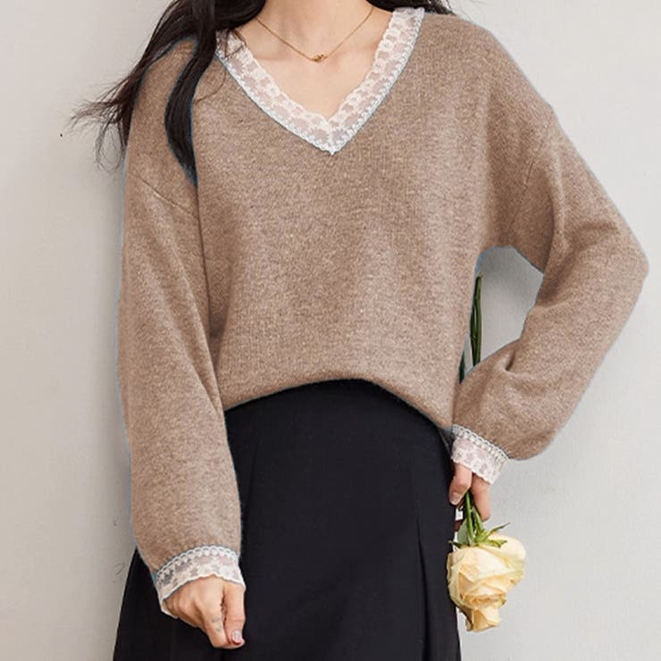 キャメル | ニットトップス レース切り替え レディース | shoppinggo