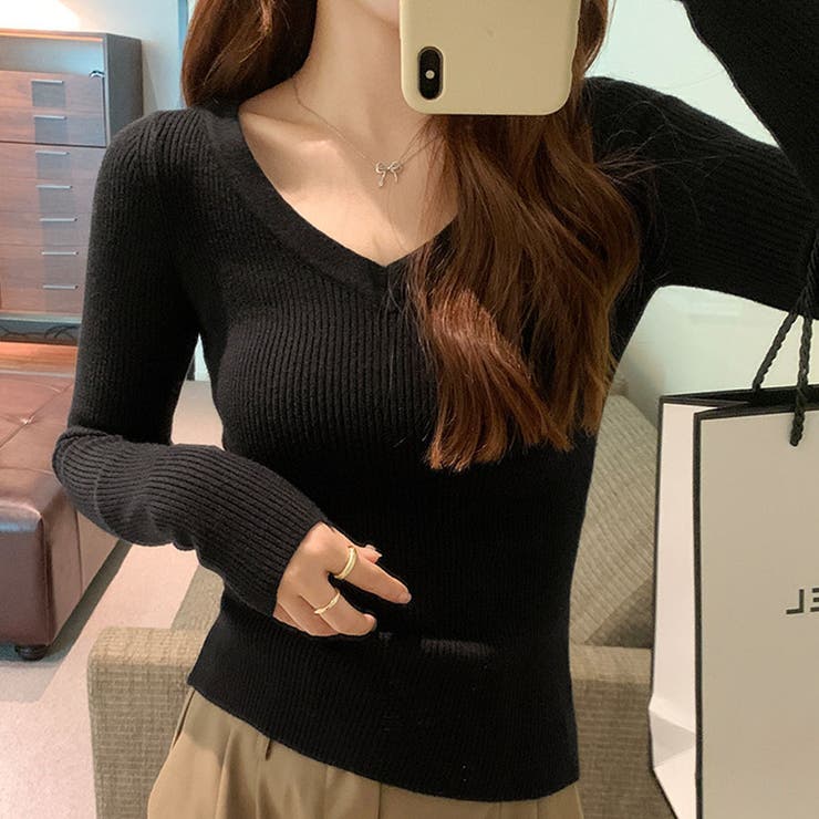 ブラック | ニットソー Vネック ニットトップス | shoppinggo
