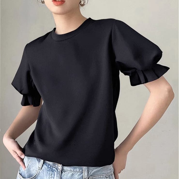 ブラック | 夏服Tシャツ パフスリーブトップス レディース | shoppinggo
