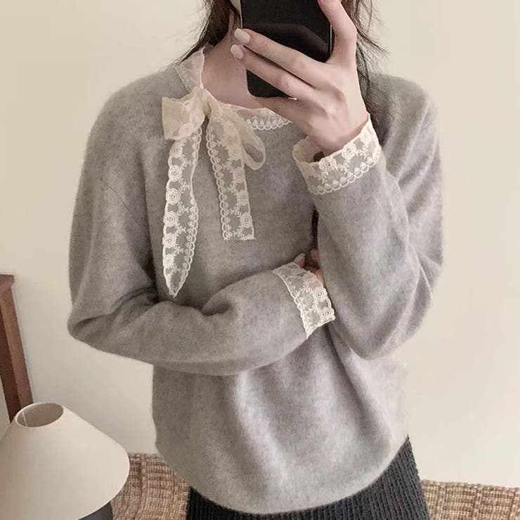 グレー | ニットトップス レース切り替え レディース | shoppinggo