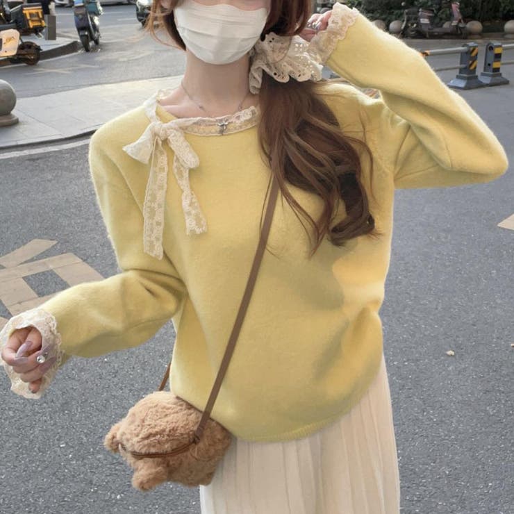 イエロー | ニットトップス レース切り替え レディース | shoppinggo