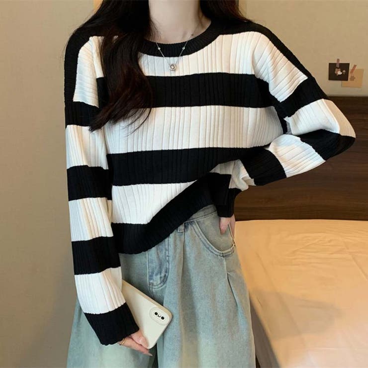 ニットトップス ボーダー柄 ニットソー レディース シンプル セーター | shoppinggo | 詳細画像3 