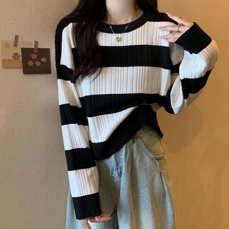 ニットトップス ボーダー柄 ニットソー レディース シンプル セーター | shoppinggo | 詳細画像7 