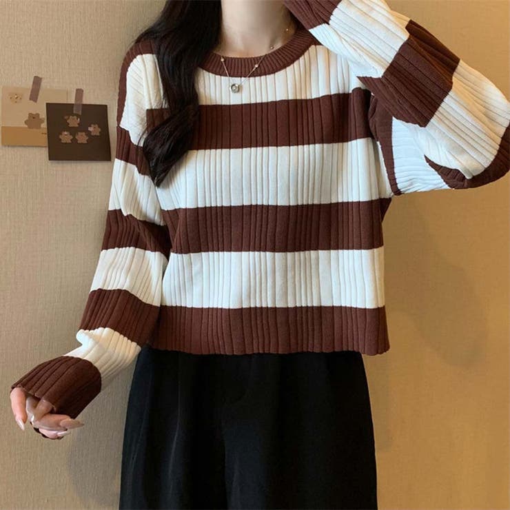 ニットトップス ボーダー柄 ニットソー レディース シンプル セーター | shoppinggo | 詳細画像8 