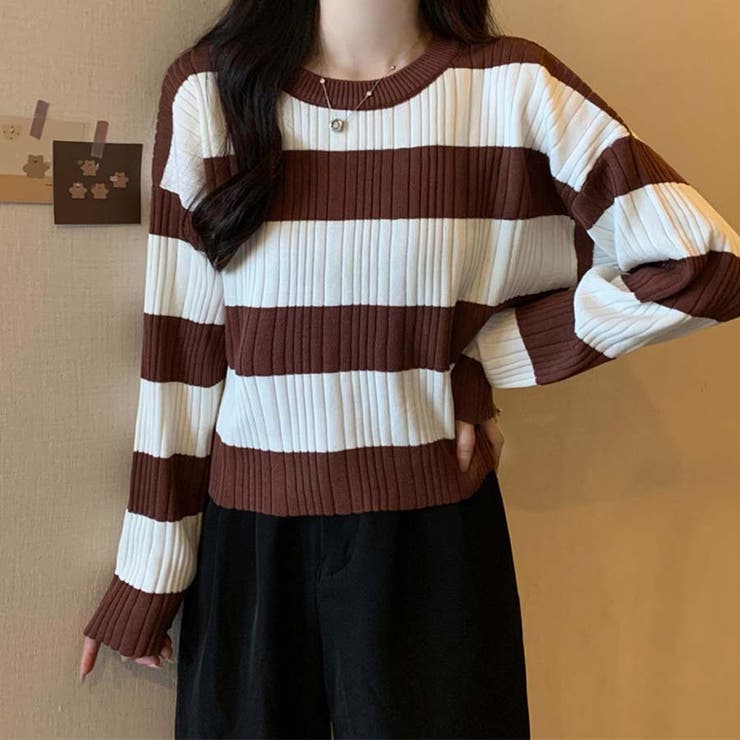 ニットトップス ボーダー柄 ニットソー レディース シンプル セーター | shoppinggo | 詳細画像10 