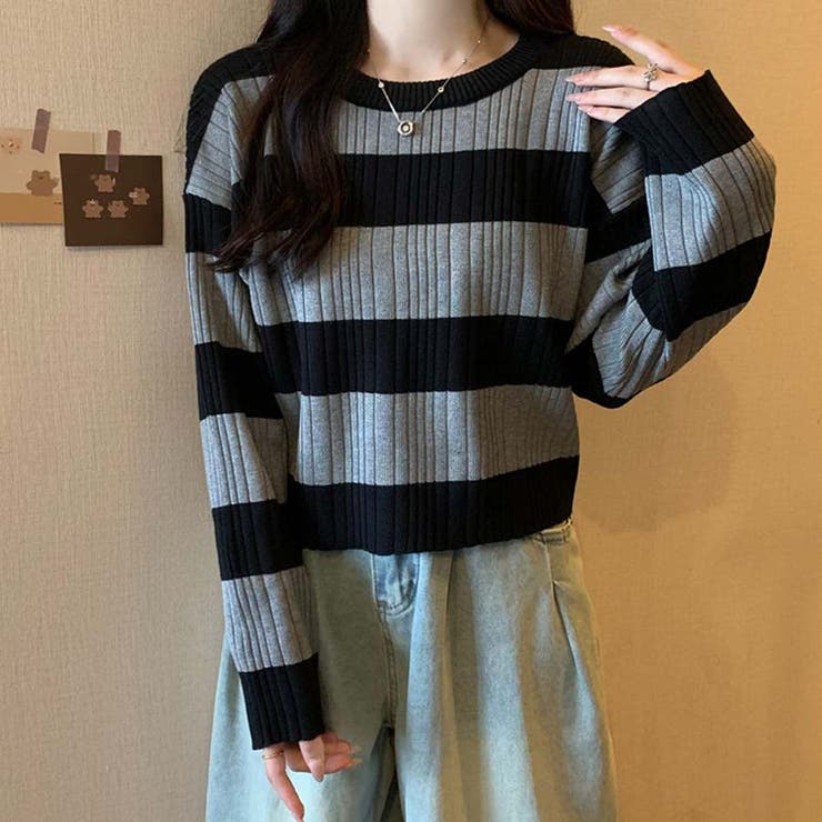 ニットトップス ボーダー柄 ニットソー レディース シンプル セーター | shoppinggo | 詳細画像13 