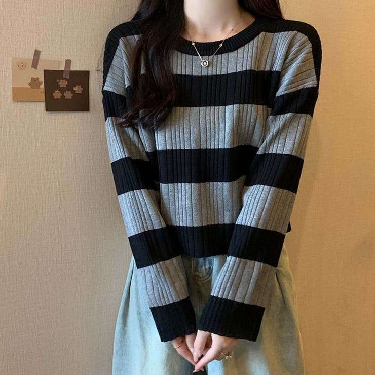 ニットトップス ボーダー柄 ニットソー レディース シンプル セーター | shoppinggo | 詳細画像14 