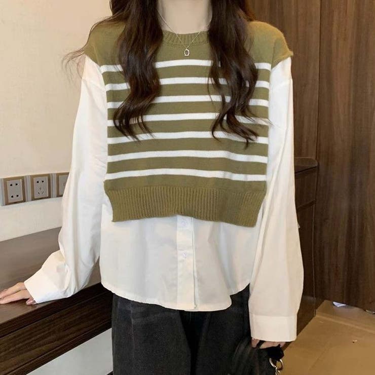 キャメル | ニットセーター ニット切り替え シャツ | shoppinggo