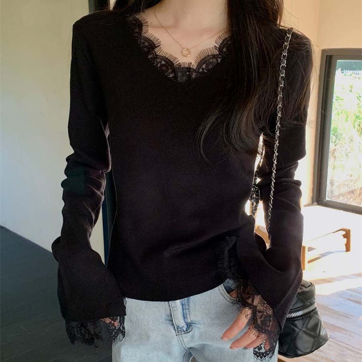 ブラック | ニットセーター レース切り替え ニットソーレディース | shoppinggo