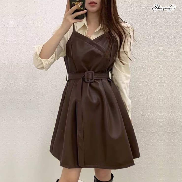 フレアキャミワンピース ジャンパ―スカート フェイクレザーワンピース | shoppinggo | 詳細画像1 