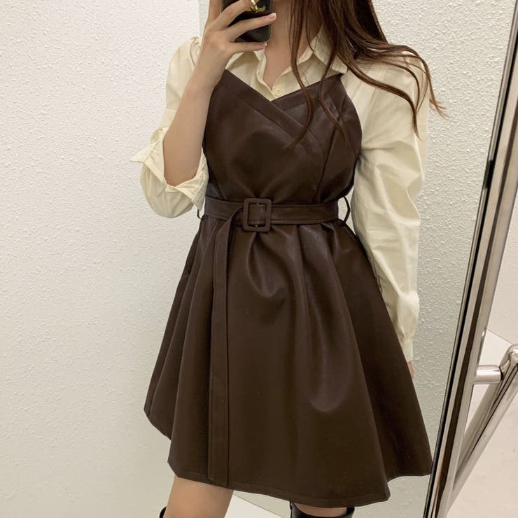 フレアキャミワンピース ジャンパ―スカート フェイクレザーワンピース | shoppinggo | 詳細画像2 
