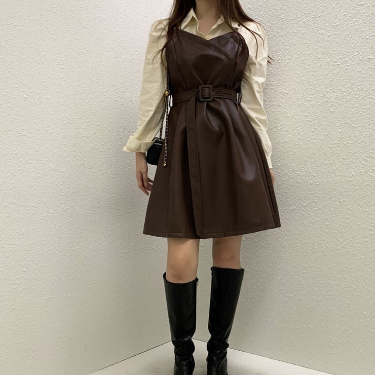 フレアキャミワンピース ジャンパ―スカート フェイクレザーワンピース | shoppinggo | 詳細画像3 