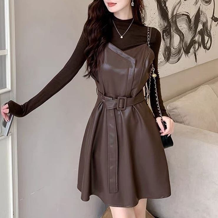 フレアキャミワンピース ジャンパ―スカート フェイクレザーワンピース | shoppinggo | 詳細画像7 