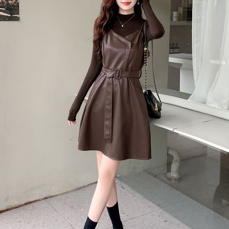 フレアキャミワンピース ジャンパ―スカート フェイクレザーワンピース | shoppinggo | 詳細画像9 