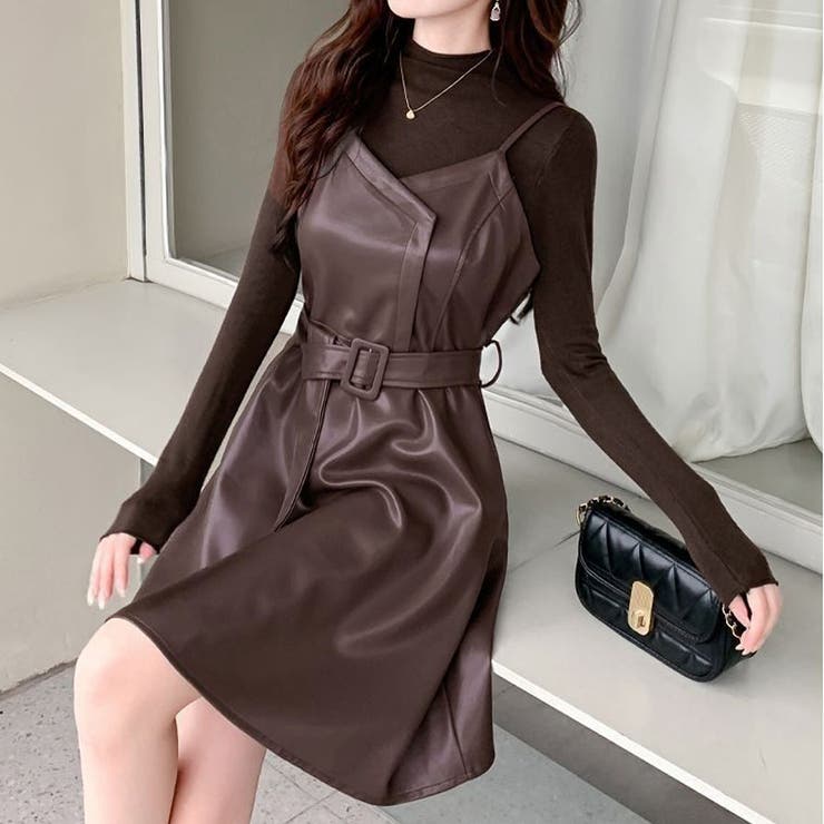 フレアキャミワンピース ジャンパ―スカート フェイクレザーワンピース | shoppinggo | 詳細画像12 