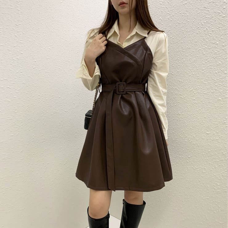 ブラウン | フレアキャミワンピース ジャンパ―スカート フェイクレザーワンピース | shoppinggo