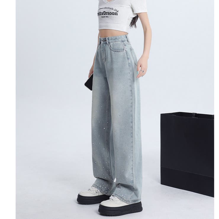 ラインストーンデニムパンツ ビジュジーパン ベルボトム | shoppinggo | 詳細画像3 