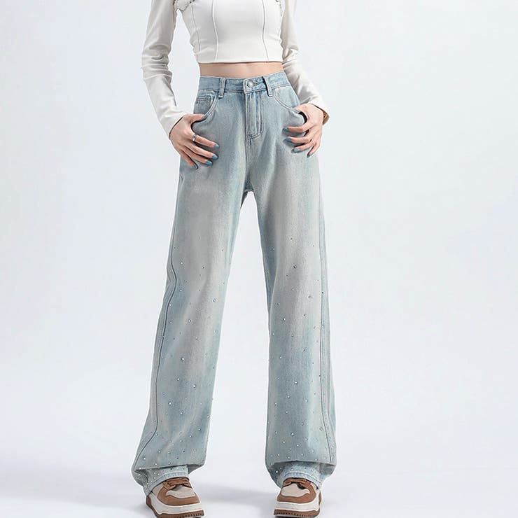 ラインストーンデニムパンツ ビジュジーパン ベルボトム | shoppinggo | 詳細画像5 