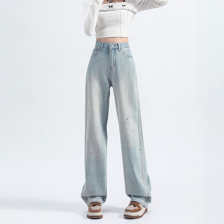 ラインストーンデニムパンツ ビジュジーパン ベルボトム | shoppinggo | 詳細画像9 